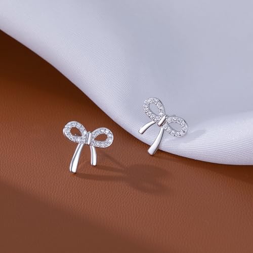 Reffeer Solid 925 Sterling Silver CZ Bow Stud Earrings for Women Teens Ribbon Stud Earrings Bowknot4