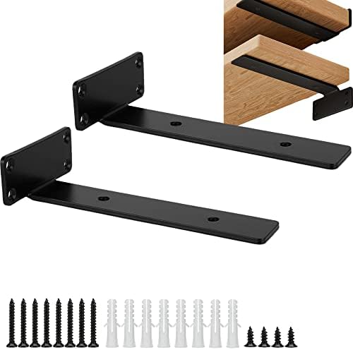 FUQILALA Heavy Duty Floating Shelf Brackets, 2 Pcs of 8 Inch Industrial Shelf Bracket, 1/5 Inch Thick Black Metal Hidden Invisible L Shelves Brackets for Kitchen, Bathroom, Warehouse, Fireplace