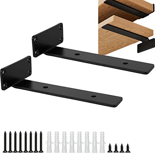 Fuqilala Heavy Duty Floating Shelf Brackets, 2 Pcs Of 8 Inch Industrial Shelf Bracket, 1/5 Inch Thick Black Metal Hidden Invisible L Shelves Brackets For Kitchen, Bathroom, Warehouse, Fireplace #TOP3