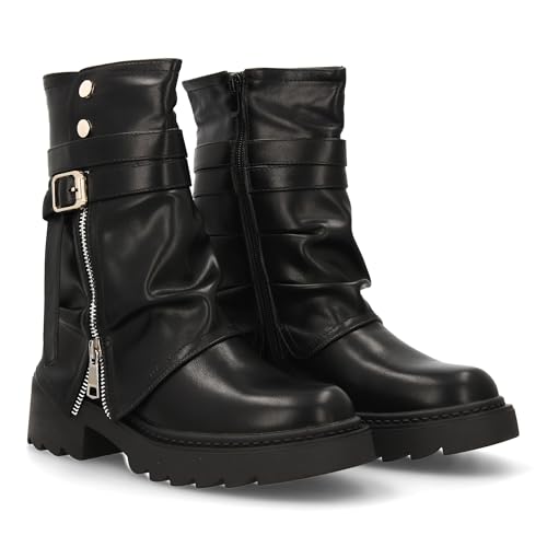 96354 Botin motero con cremallera lateral decorativa, estampado liso y plataforma comoda. Cierre de cremallera y diseno moderno. Ideal para mujer en la temporada Otono invierno. Negro Talla 36