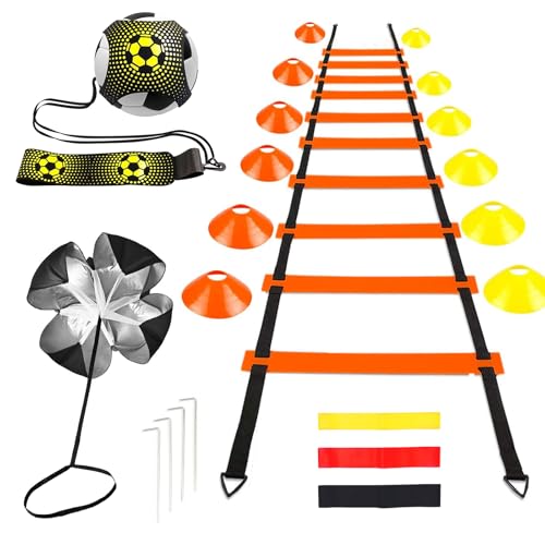 GROOFOO Accesorios de entrenamiento de fútbol – Escalera de agilidad de 6 m, 12 conos naranja/amarillo, 4 clavos de tierra, 3 bandas de resistencia (diferentes valores), paracaídas de velocidad y
