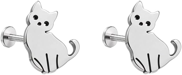 Cute Cat Labret Flat Back Stud Earrings for Women Men F136 Titanium 18G Kitten Animal Pet Cartilage Tragus Monroe Helix Studs Lip Nose Rings Lovely Body Piercing Jewelry for Unisex Christmas Birthday