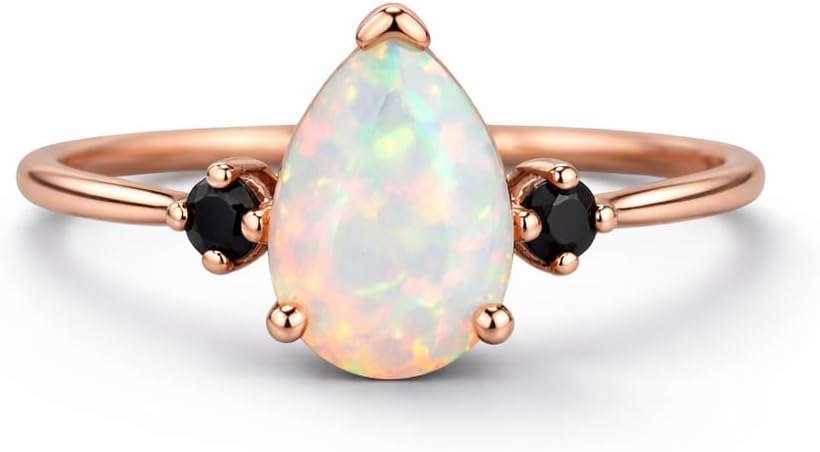 14K Rose Gold Pear Opal Ring with Black Onyx Accents October Birthstone Dainty Engagement Promise Ring Minimalist Vintage Bridal Jewelry Gift for Her