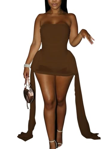 Sexy Mesh Sheer Y2k Tube Mini Dress for Women Date Night Brown