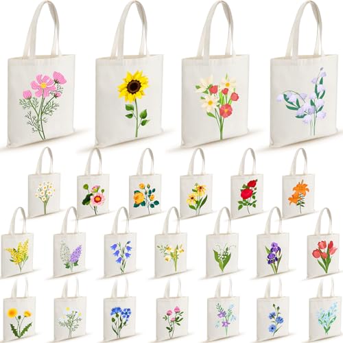 Shinylin 24 Pcs Floral Canvas Tote Bags Bulk, 24 Vivid Flowers