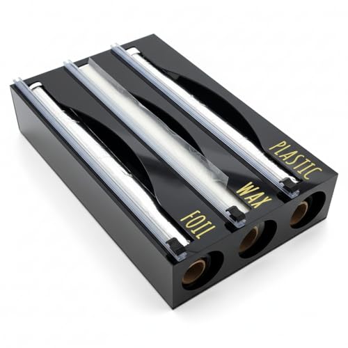 OnDisplay Luxe Acrylic 3-in-1 Plastic Wrap/Wax Paper/Aluminum Foil Dispenser for Drawer or Wall Mountable - Cling Wrap/Parchment Paper/Tin Foil Holder for Kitchen (Black 3-in-1) by OnDisplay - Used condition - US$24.76