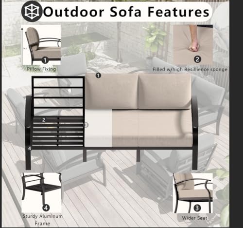 Image of Patio Furniture Set 3-piece Aluminum Armrest Sofa, All-Weather Patio Conversation Set with Tempered Glass Top Table & Removable Sponge Cushions for Backyard Poolside - Sand