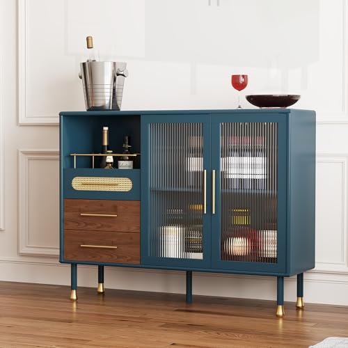 Image of ARTPOWER 48 inch Coffee Bar Cabinet with Wine Racks and Drawers, Modern Buffet Sideboard with Pull-Out Wine Storage, Liquor Bar Cart for Kitchen, Dining Room, Living Room (Blue)