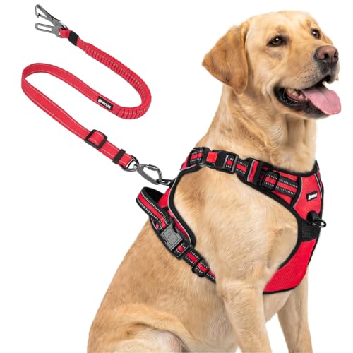 Joytale No Pull Dog Harness & Seat Belt, Easy On 3-Buckle, L, Red