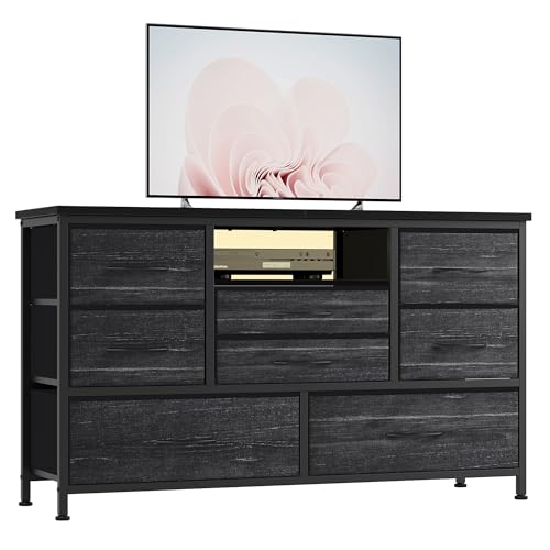 Garvee Commode de Chambre 8 Tiroirs en Tissu, Meuble TV avec Lumière LED, Station de Charge,...