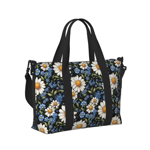Blue and White Daisies Print Travel Duffle Bags for Women, Personal Item Overnight Weekender Sport Carry On Gym Bag for Men Women