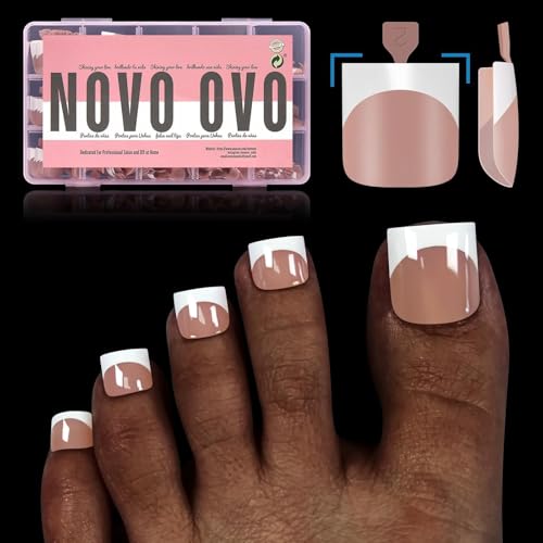 NOVO OVO French Tip Toe Nail Tips Press on, Sharp Square Pre-Designed Soft Gel False Toenail Extension, BROWN PINK Pre-applied Tip Primer &amp; Base Coat, Full Cover Acrylic for DIY x 15 Sizes 240 pcs