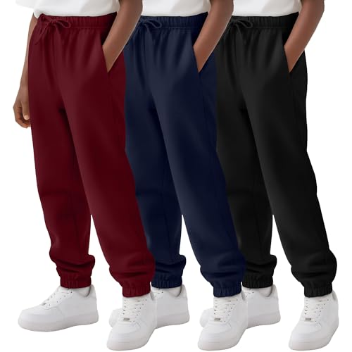 3 Pack Boy's Jogger Sweatpants, Active Athletic Casual Pants Workout Kids Clothes with Pocket and Drawstring