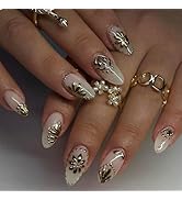 White Press on Nails Short Almond Fake Nails Flower False Nails Press ons with Designs 3D Gold Fl...
