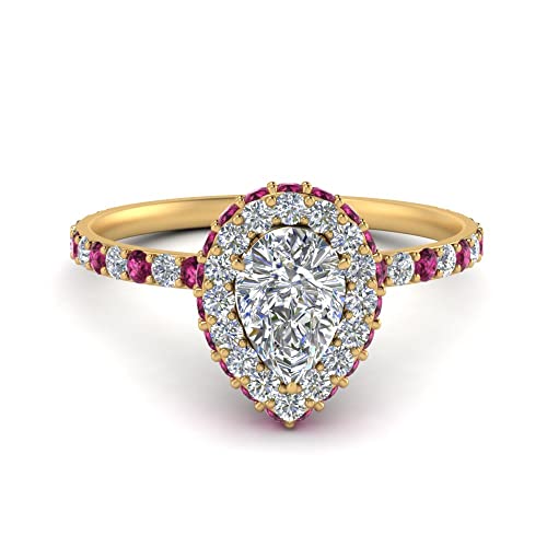 Image of Choose Your Gemstone Pave Rollover Pear Halo Engagement Ring Yellow Gold Plated Pear Shape Halo Engagement Rings Matching Jewelry Wedding Jewelry Easy to Wear Gifts US Size 4 to 12