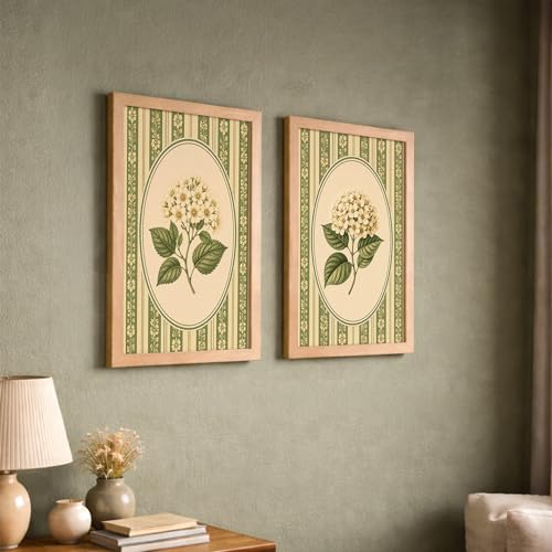 Image of NoWorries Vintage Botanical Wall Art Set of 2 Framed Floral Prints for Living Room Bedroom Office | Green Cottagecore Wall Decor with Wooden Frame (Art-5, 10x13inch)