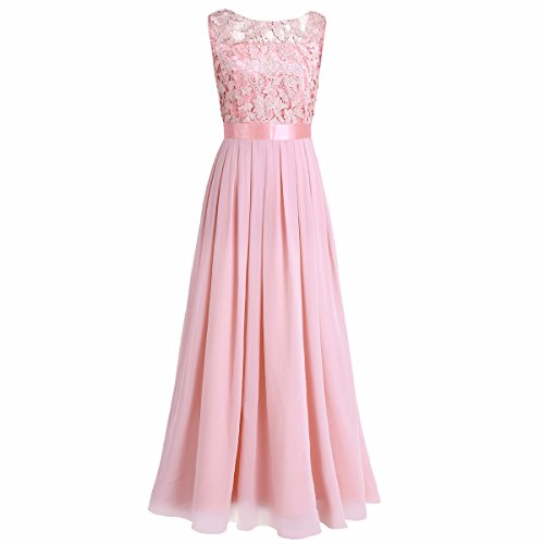 FEESHOW Femme Dentelle Robe de Soirée Demoiselle d'honneur Femme Robe de Mousseline de Soie Longue Maxi Élégant sans Manches Robe de Mariage/Cocktail Perle Rose 38