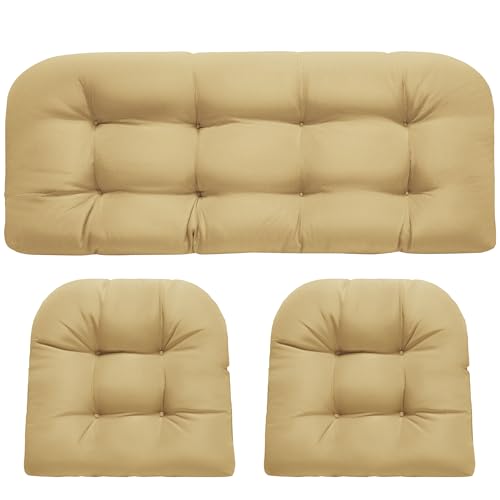 DANGHOOGY Wicker Chair Cushions, Waterproof Outdoor Loveseat Cushions for Patio Furniture, Tufted Wicker Furniture Cushions, 1 Loveseat and 2 U-Shaped Cushions, Khaki