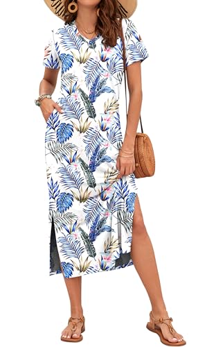 Image of MISFAY Womens Maxi Dress Short Sleeve V Neck Loose with Pockets | Soft stretchy breathable, v neck loose fit, side split hem, two side pockets, casual daily beach vacation travel dress