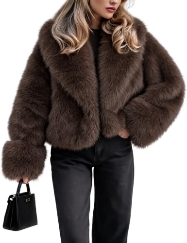 Arssm Women Fluffy Faux Fur Coat Crop Short Winter Furry Jacket(Brown-XL)
