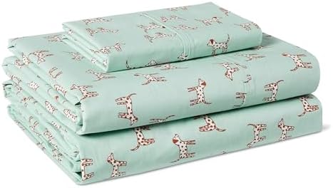 Amazon Basics 100% Organic Cotton Kids' Sheet Set with Pillowcase, Twin Size, Spotted Dogs