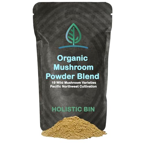 Holistic Bin Organic Mushroom Blend Powder 19 Wild Harvested Varieties (Lion's Mane, Reishi, Enoki, Mesima, Turkey Tail, Cordyceps, & More) | Adaptogenic Mushrooms Supplement | Made in The USA