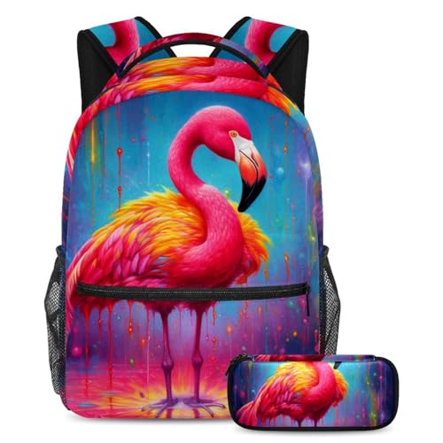 Sac à dos flamant rose artistique toile robuste et trousse pour adolescents