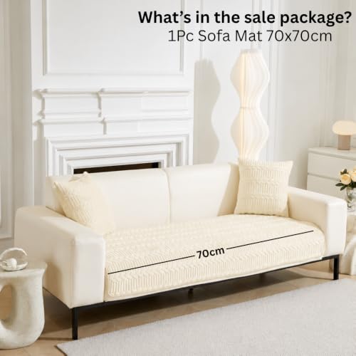 Image of HOMETHREADS Premium Embroidered Cotton Sofa Cover Mat with PVC Backing for Non-Slip Comfort (Beige, 1 Seater | 70x70cm)