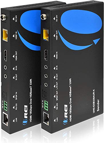4K HDMI Extender Balun by OREI - HDBaseT UltraHD 4K @ 60Hz 4:4:4 Over Single CAT5e/6/7 Cable with HDR, KVM, CEC, ARC & IR Support, RS-232 - Up to 330 Ft - Audio Out - Power Over Cable - Audio Out