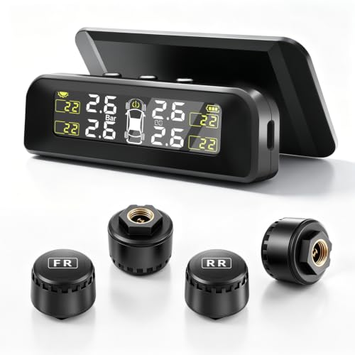 Avutrel TPMS Sistema di Monitoraggio della Pressione dei Pneumatici con Ricarica Solare, Senza Fili e USB, 4 Sensori, 5 Modalità di Allarme, per Auto, SUV e Furgoni