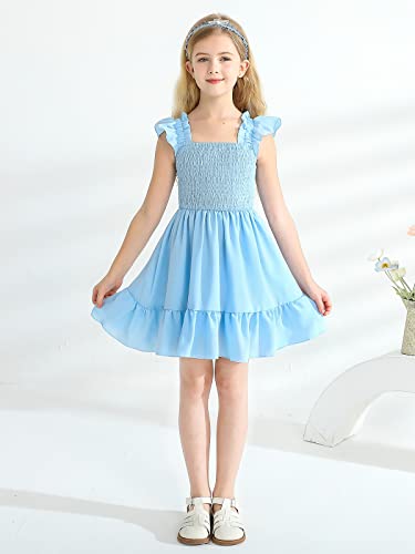 Usaibhir Girls Summer Chiffon Ruffle Dress Square Neck Sleeveless Backless Short Dress For 6-12 Years Kids Blue #TOP1