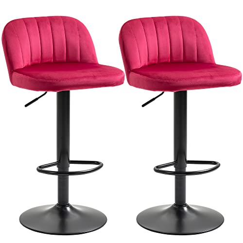 Homcom Adjustable Bar Stools Set Of 2, Velvet Counter Height Barstool, Upholstered Kitchen Stool With Swivel Seat, Steel Frame, Footrest For Kitchen Counter And Dining Room, ‎Red #TOP9