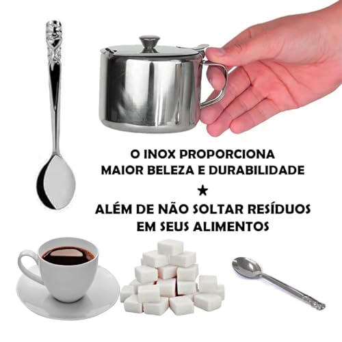 Açucareiro em Inox Inoxidável Com Colher E Alça Prata Pequeno De Mesa Com Tampa 200 Ml Para Café, Su
