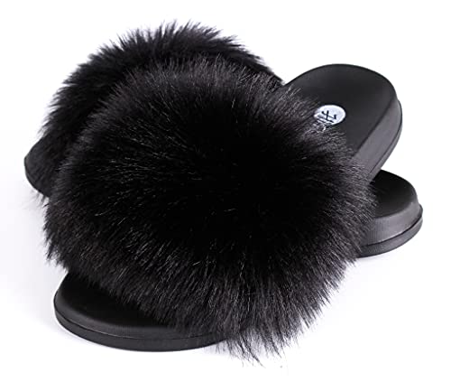Image of Women's Faux Fur Slides, Open Toe Cute Fur Slippers, Indoor or Outdoor Comfortable Furry Slide Sandals With Fluffy Fur