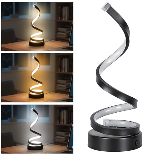 BIZOI Spiral LED Table Lamp, 3 Color Temperatures Dimmable Bedside Lamps, USB Powered LED Modern Desk Light Minimalist Twisted Decorative Black Nightstand Light for Bedroom Living Room Office