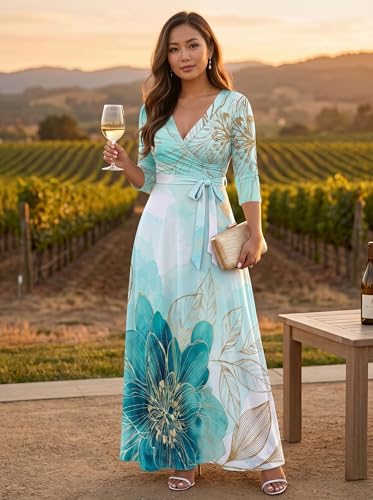 Image of SUZONANA Plus Size Dresses for Women Floral Print Maxi Dress Flowy 3 /4 Sleeve with Belt