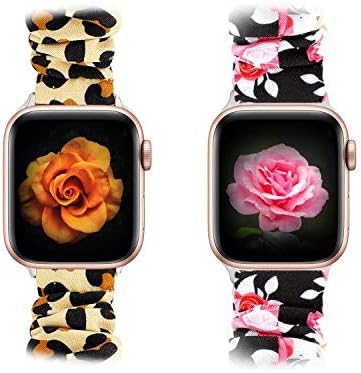 Huishang 2 Pack Scrunchie Watch Band Compatible for Apple Watch Band 38mm 42mm 40mm 44mm Women,Elastic Strap Compatible with iWatch Apple Watch Series 5 4 3 2 1 (Leopard+Red Rose, 38mm/40mm)