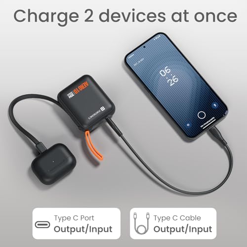 Image of Portronics Aero 10 10000 mAh 20W Fast Charging Mini Power Bank with Detachable Type C Cable, Type C PD Input /Output Port, LED Indicator, Wake Up Button, Strong Lanyard, Light Weight (Black)