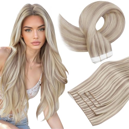 Image of Full Shine Long Weft Hair Extensions, Dirty Blonde Mix 20 Inch | 120g 4 PCS, Genius Human Hair Extensions Tape In, Full Ends, Silky Texture, Length Enhancement, Wedding Looks