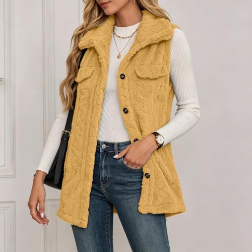 Womens Long Vest Jackets Fleece Fuzzy Sleeveless Button Down with Pockets - image 3