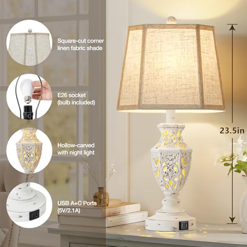 EJIAXIN Lamps for Night Stands Set of 2-23.5" Boho Bedside Lamp with USB A+C and Nightlight - Cream Rustic Carved Resin Farmhouse Table Lamp for Bedrooms, End Tables, Living Room, Bulbs Included by EJIAXIN - Used condition - Image 7