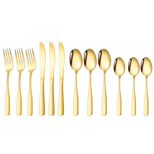 Image of aDai Aurum Gold Silverware Set, Satin Finish | 12-Piece Stainless Steel Flatware Set | Dishwasher Safe Kitchen Cutlery for Home, Restaurant & Gifting