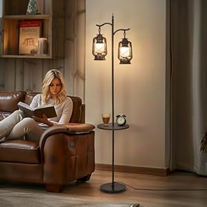 Farmhouse Floor lamp with Table Double Head Vintage Floor Lantern Standing lamp for Living RoomBedroom Rustic Floor Lamp with Black Brown Finish