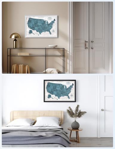 Image of IPIC - Custom USA Map Wall Art, Push Pin Travel Map with Custom Names to Track Your Travels, Vintage Teal Farmhouse Style Framed Canvas Wall Decor for Home, Office or RV, Ready to Hang