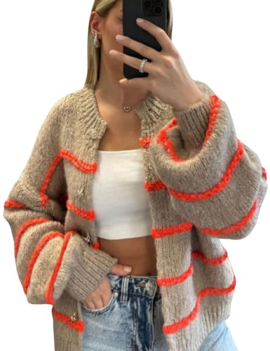 Image of QIBABU Womens Striped Cardigan Sweaters Casual Open Front Long Sleeve Button Down Knit Outwear