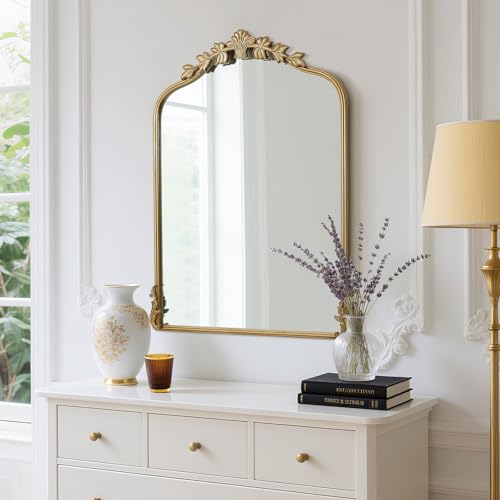 Image of WallBeyond Gold Antique Mirror for Vanity 24x32 Inch, Gold Vintage Mirror with Ornate Frame, Arched Vintage Wall for Bathroom, Living Room, Fireplace