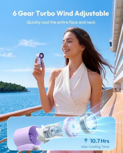 Image of Gaiatop Super Mini Portable Handheld Fan, 3.5 Inch Personal Turbo Fan, 16900 RPM 6 Speeds Strong Wind, LED Display, USB Rechargeable Battery for Travel Outdoor, Gift for Women Girl Makeup, Purple