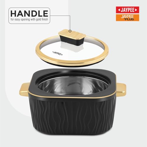 Image of JAYPEE Crinkle Klass Inner Stainless Steel Casserole Set of 3(1000+1500+2000) ml PUF Insulated Gold Finish Handle Lockable Lid BPA Free Hot Box for Kitchen Roti Box Hot Pot Serving Casserole,Black