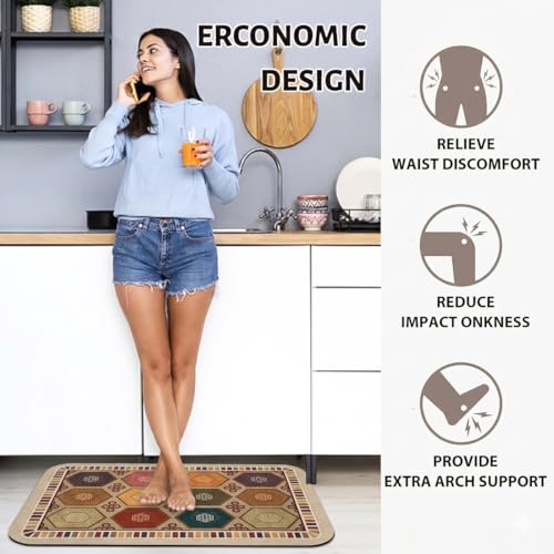 Image of Kitchen Anti Slip Mat for Floor, Waterproof Washable Kitchen Mats, Non Slip Kitchen Floor Mats for Home, Soft Mats for Kitchen, Kitchen Mats for Floor Anti Slip (HEXAGONE-Ethnic)