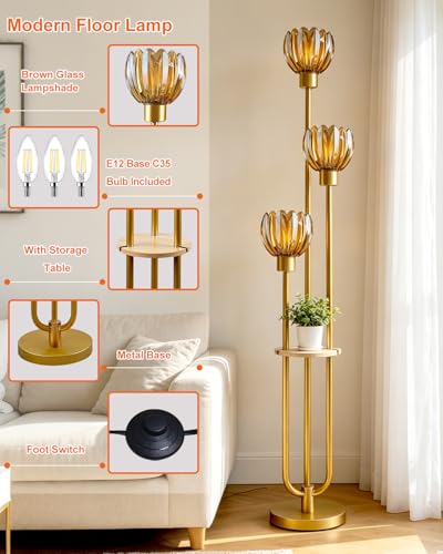 Image of Lightdot 3-Lights Glass Floor Lamp for Living Room Modern Gold Floor Lamps with Lotus Amber Glass Shade& Bulbs Included for Wedding /Party Tall Standing Lamp for Bedroom /Sofa Beside /Corner Decor